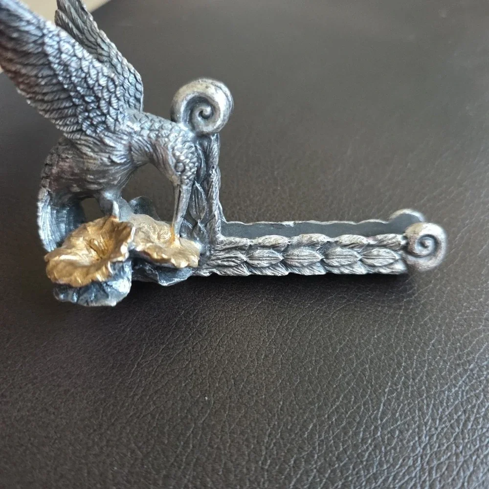 Vintage Brass Iron Hummingbird Garden Floral Trumpet Flower Busines Card  Holder